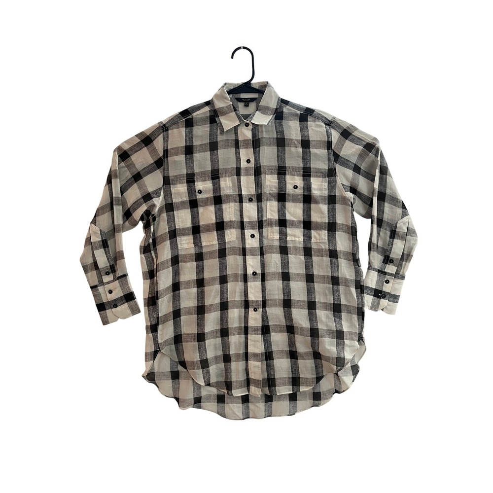 Massimo Dutti Cotton Mulberry Silk Buffalo Check Button Down Shirt Black White 2